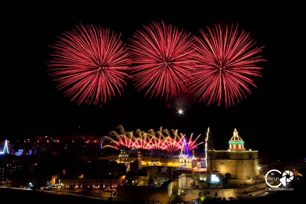 Fireworks over Mellieha Church during International Fireworks Festival 2021